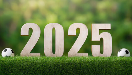Wiosna 2025 rok, zielony napis z mchu, rozmyte tło