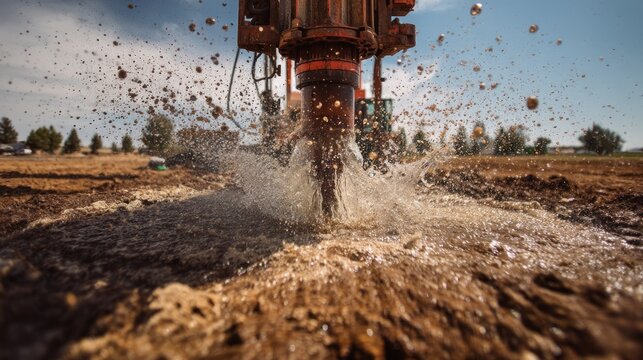 Heavy machinery drilling for artesian well water supply, showcasing water and soil displacement. 