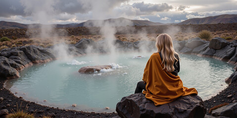 Obraz premium Woman meditating in hot springs against a dramatic landscape 