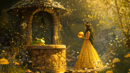Princess with a golden ball standing by a well next to the frog king in a magical fairytale scene. Gilded Fables. Illustration