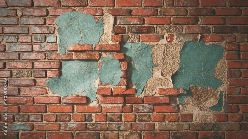 Poster red brick wall texture with peeling teal paint, showcasing a rustic and aged appearance, ideal for b