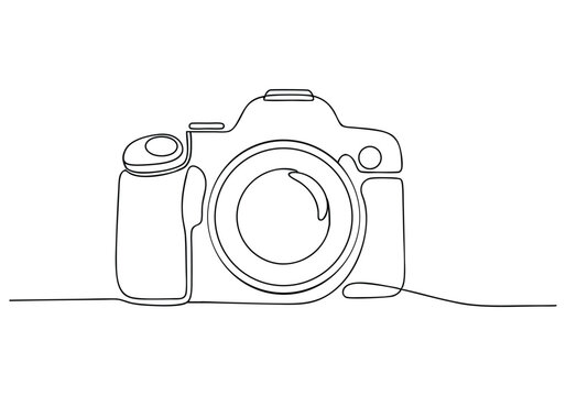 continuous line drawing of a camera outline in black and white, modern abstract photography icon with clean artistic simplicity

