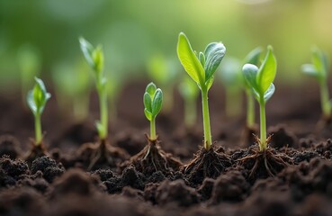 Sprouted soybean shoots in soil. Young green plant sprouts from dark earth with visible roots. Concept of new life. Focus on agriculture, ecology, growth, nature, organic food, farming, environment.