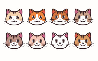 Cute and smile cat heads doodle vector set. Comic happy cat faces character design of different cat breed with flat color isolated on white background. Design illustration for sticker