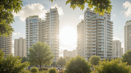 Obraz premium Modern luxury apartment buildings in urban green space, real estate development with trees and sunny sky