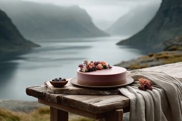 Serene Lakeview Celebration with Cake and Berries