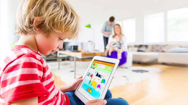 Online Education and learning for kids. Smart boy with digital tablet holds Counting Number Frame Maths at home on an online math lesson