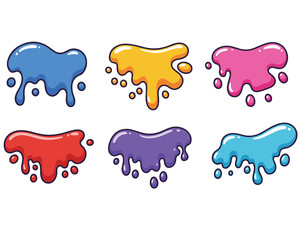 Colorful paint splash blobs set on white background representing dripping liquid and paint effects.