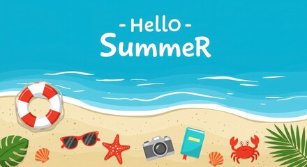 Flat hello summer beach scene with ocean waves and colorful tropical icons for vacation design