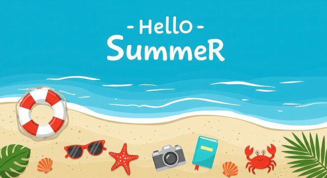 Flat hello summer beach scene with ocean waves and colorful tropical icons for vacation design