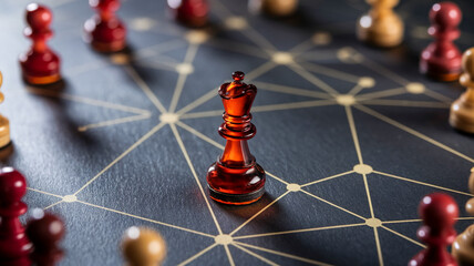 Close-up of red chess queen on dark board with gold lines, showcasing strategy and leadership in business, competition and planning