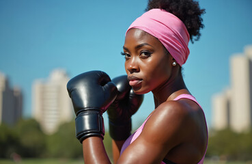 Afro American woman athlete with boxing gloves in park, wearing pink headscarf. Concept of breast cancer awareness and health. Fighter, training, physical exercise, strong, female, fit black boxer.
