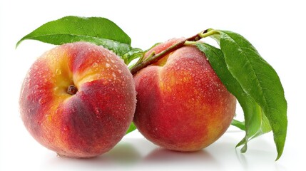 Ripe Peaches with Water Droplets and Green Leaves Still Life