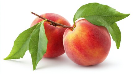 Fresh Ripe Peaches with Leaves on White Background