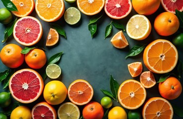 Top view vibrant mix citrus fruits orange grapefruit lemon lime with green leaves. Healthy raw fresh organic vegetarian summer dessert background. Vitamin food juice.
