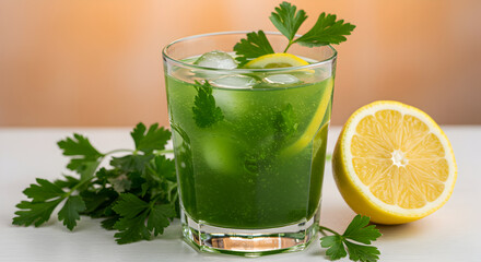 Fototapeta premium Refreshing parsley lemon detox drink with ice cubes for healthy lifestyle