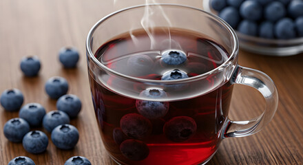 Hot blueberry tea in a glass mug with fresh blueberries and steam
