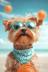 Cute dog wearing glasses and a bandana enjoys a sunny beach day with orange balls in the background
