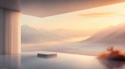 Breathtaking sunrise over misty mountains from a modern architectural balcony overlooking serene nature