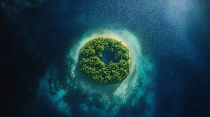 Wide drone capture of a distant round island in a silent lake bordered by untouched woodlands and the vast blue ocean