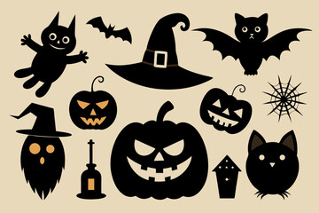Fototapeta premium Halloween Vector Illustration With Pumpkins,Bats,Cat,And Witch Hat Silhouettes