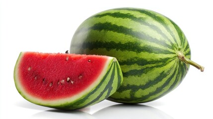 Fresh Watermelon Slice and Whole Fruit on White