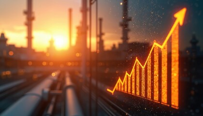 Industrial growth trend with rising graph against factory environment sunset. Economic data visualization. Business, financial success, investments, profits concept. Technology, innovation fuel