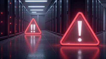Server Room Error: Data Center Warning with Red Alert Triangle Signs