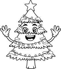 Cute & Funny Cartoon Christmas Tree Characters Line Art Vector Set &ndash; Hand-Drawn Holiday Clipart Collection