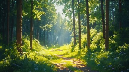 Fototapeta premium Inviting forest scene sunlit clearings among tall textured firs and whispering leaves perfectly capturing the essence of a vibrant natural retreat