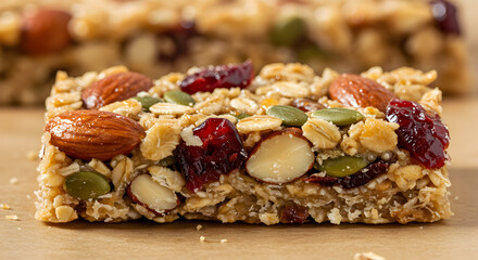Fototapeta premium Closeup of a nutritious no-bake granola bar with nuts and dried fruit