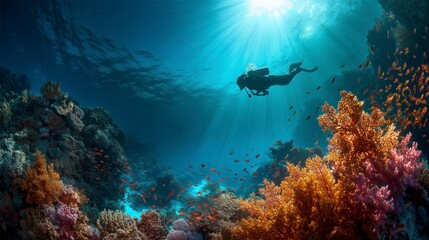 Fototapeta premium Scuba Diving in Coral Reef with Sunlight Streaming Underwater