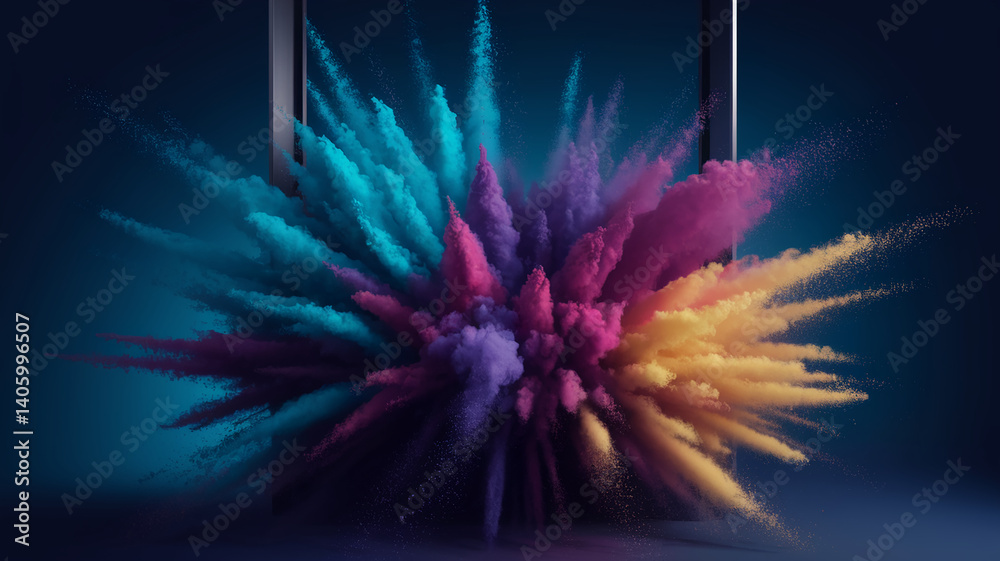 Poster Colorful powder explosion between dark gray vertical frames, creating a vibrant and dynamic visual effect, showcasing energy and creativity, ideal for design or marketing