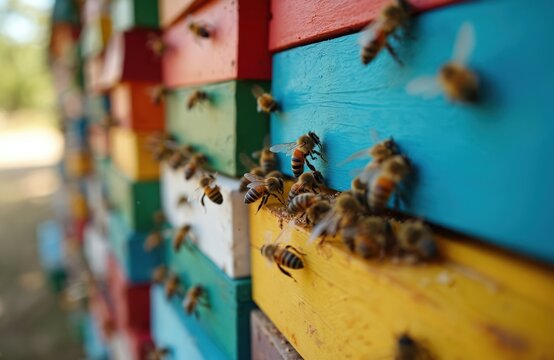 Bees return colorful hives carrying honey. Wooden structure showcases apiculture, bee colony, farm life. Natural background with summer flowers and honey. Food production, eco farm.