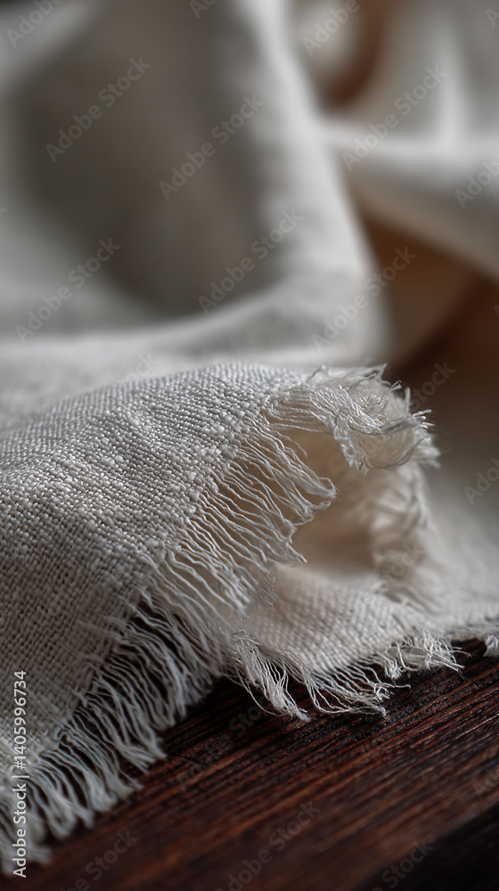 Poster close-up of off-white fabric texture with frayed edge, showing detail of weave and fibers, suggestin