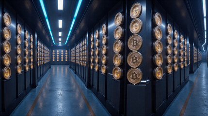 Bitcoin Mining Farm: Rows of Gold Bitcoin Coins in a Server Room, Cryptocurrency Concept