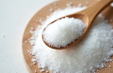 White crystalline sugar spoon on wooden board, top view. Granulated heap of sweet white crystals, dextrose, glucose, grape sugar. Culinary ingredient for cooking and baking, food additive, flavoring.