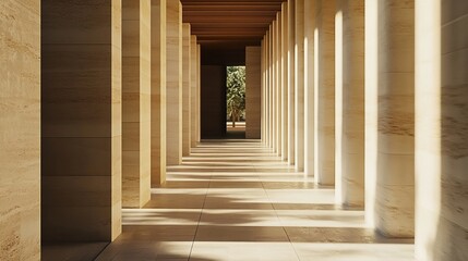 Fototapeta premium A long hallway with many pillars casting shadows on the floor leading to a tree at the end of the hall