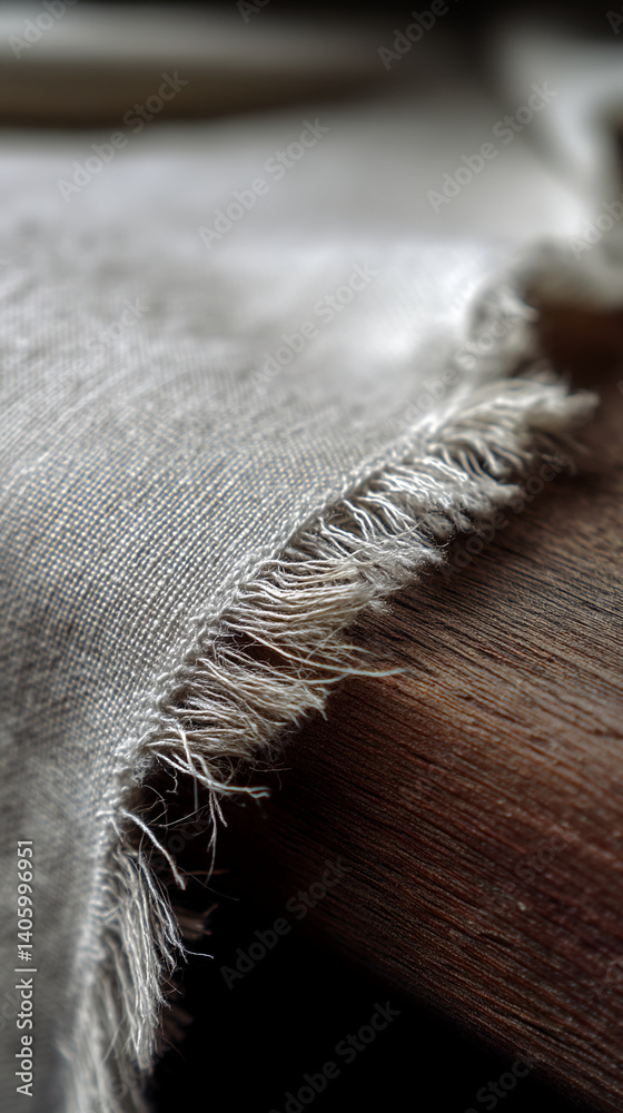 Poster Close-up of light gray fabric texture with frayed edge, showing detail of woven fibers and loose threads, suggesting natural, rustic aesthetic