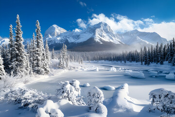 Obraz premium Pristine Serenity: The Majestic Beauty of an Ice-Covered Wilderness and Its Ethereal, Tranquil Atmosphere Amidst Snow-Capped Peaks and Jagged Ice Formations.