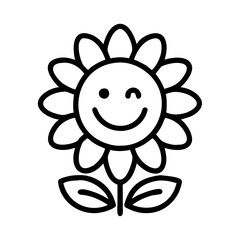 Cute sunflower drawing with happy face outline vector illustration for kids coloring page art