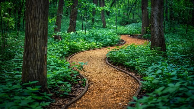 Idyllic rural forest edge meandering dirt path and ambient light filtering through mixed deciduous trees evoking feelings of nostalgia and calm