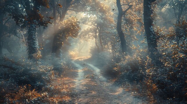Idyllic rural forest edge meandering dirt path and ambient light filtering through mixed deciduous trees evoking feelings of nostalgia and calm