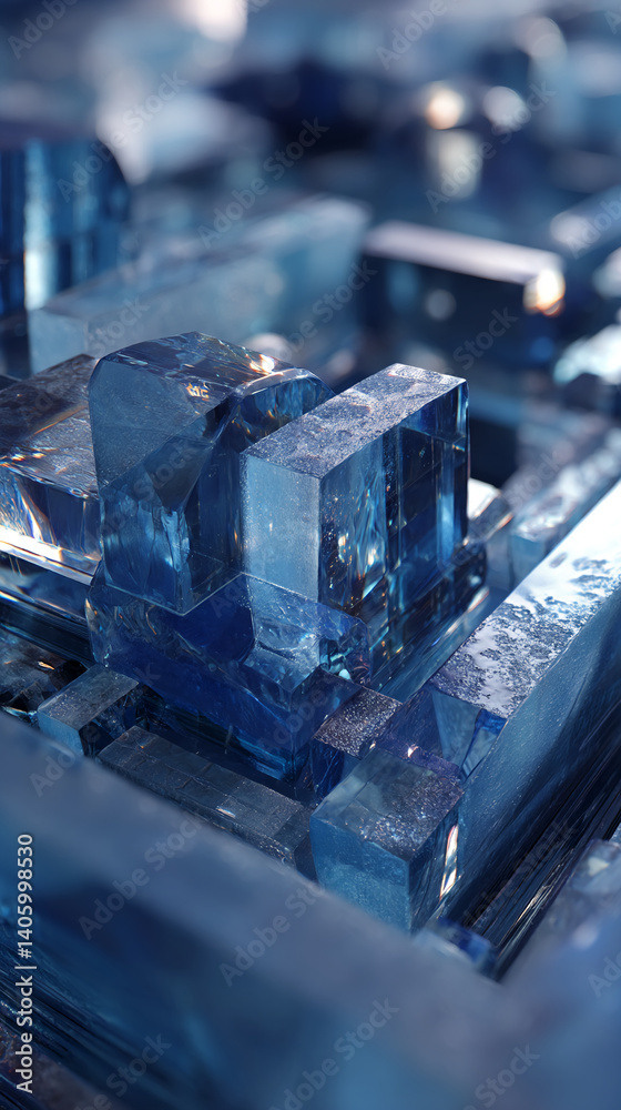 Poster close-up of blue glass cubes, creating a textured, translucent structure. showcase of geometric shap