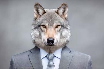 Anthropomorphic wolf in gray formal suit with shirt and tie posing against neutral background combining wild instinct with civilized identity in symbolic portrait representation