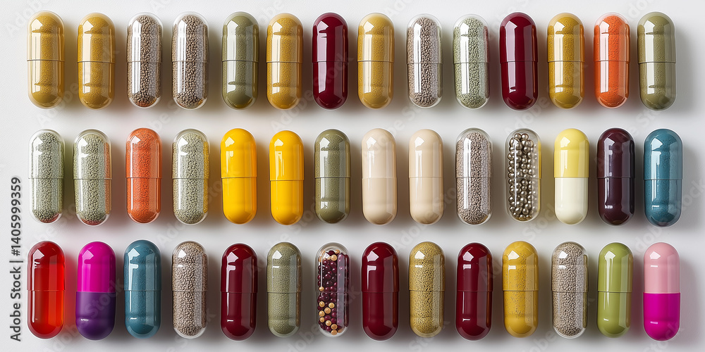 Poster colorful pills and capsules forming a pattern on white background