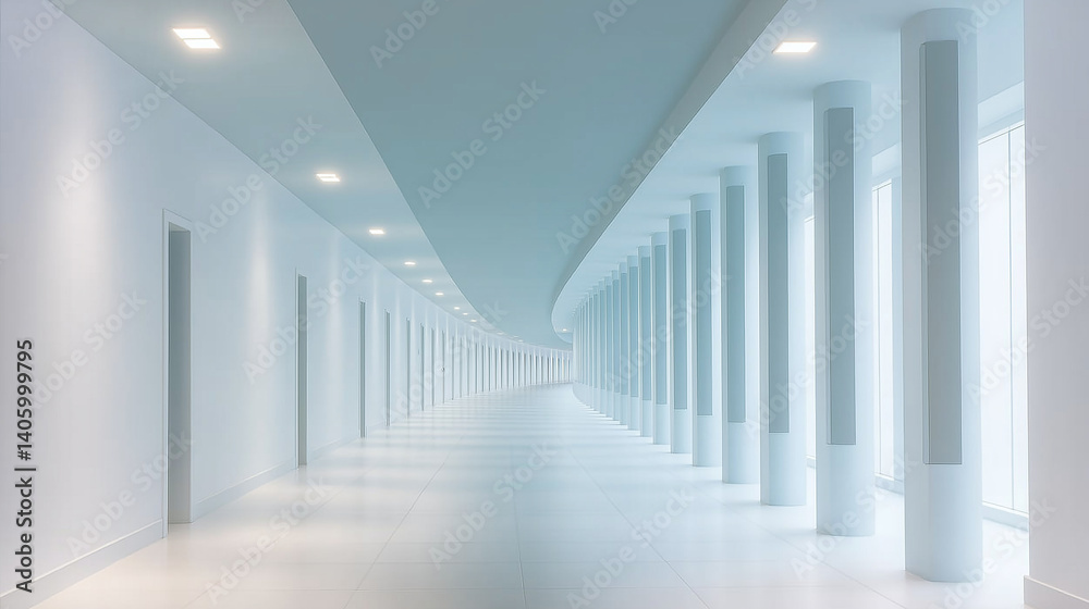 Poster long white empty corridor with columns and doors in modern building