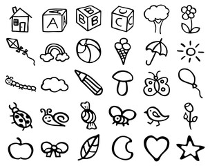 Fun cute doodles set of kids badge, icons. Hand drawn doodle sketch children's elements. Сhildren's draw style design elements