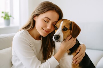 A young woman lovingly embraces her beagle, displaying a bond of friendship and affection in a sunlit living room. The atmosphere is warm and cozy, perfect for relaxation