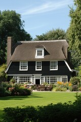 Nestled in the picturesque countryside, this charming black thatched-roof house is beautifully surrounded by lush gardens teeming with vibrant, colorful flowers on a sunny day